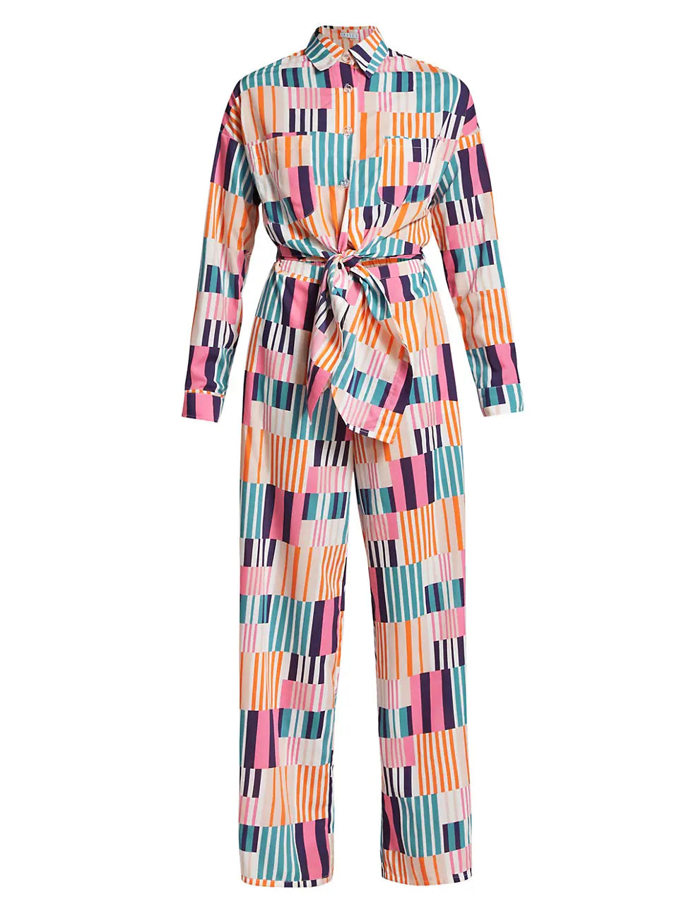 Pinstriped Signature Tie Front Jumpsuit