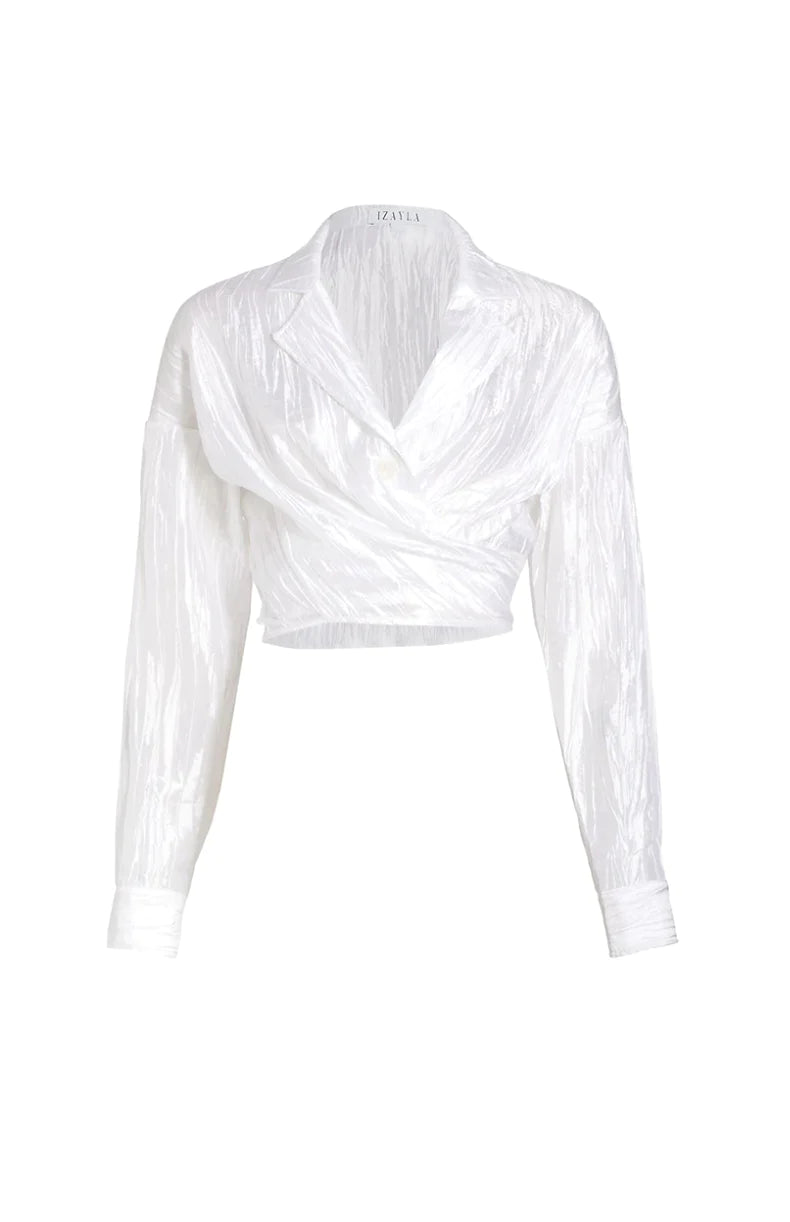 Crinkled Taffeta Tie Front Shirt | White